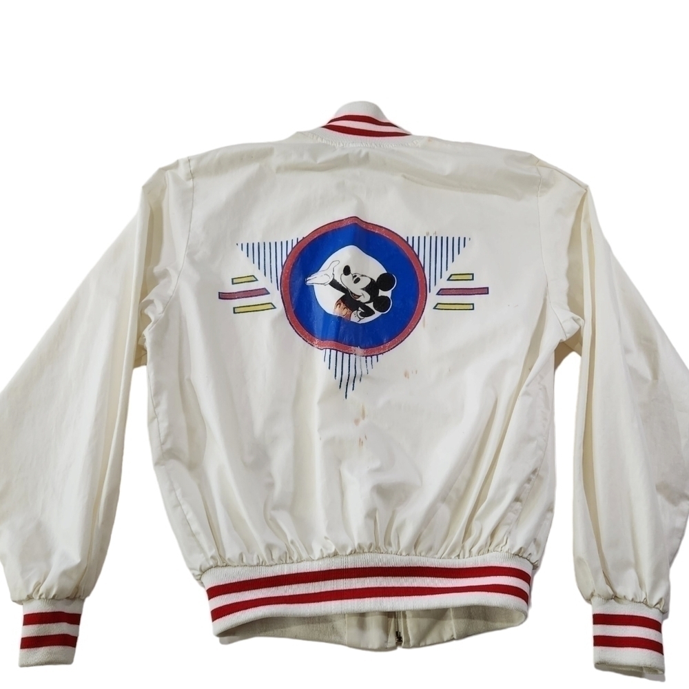 Vtg 80s Disney Character Fashions Mickey Mouse White Satin Bomber Jacket Sz M